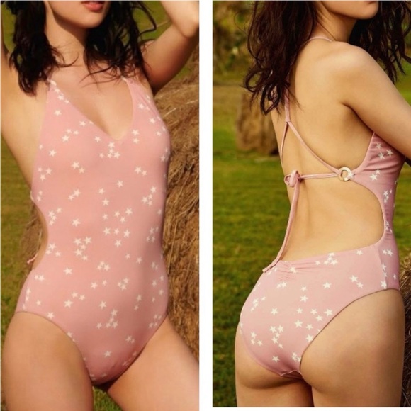 WET Swimwear LA Rose Stars One Piece Back Tie Swimsuit Pink & White Size Small - Picture 1 of 15